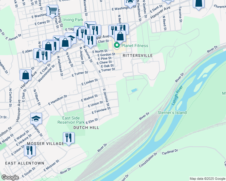 map of restaurants, bars, coffee shops, grocery stores, and more near 1023 East Walnut Street in Allentown