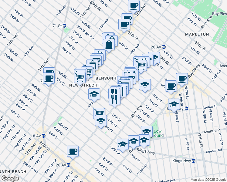 map of restaurants, bars, coffee shops, grocery stores, and more near 1938 73rd Street in Brooklyn