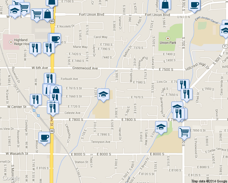 map of restaurants, bars, coffee shops, grocery stores, and more near 7634 S 300 E in Midvale