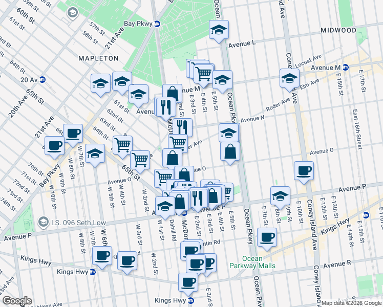 map of restaurants, bars, coffee shops, grocery stores, and more near 1523 East 2nd Street in Brooklyn