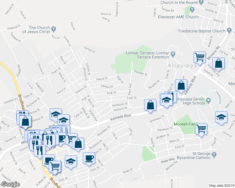 map of restaurants, bars, coffee shops, grocery stores, and more near 1621 Polk Street in Aliquippa