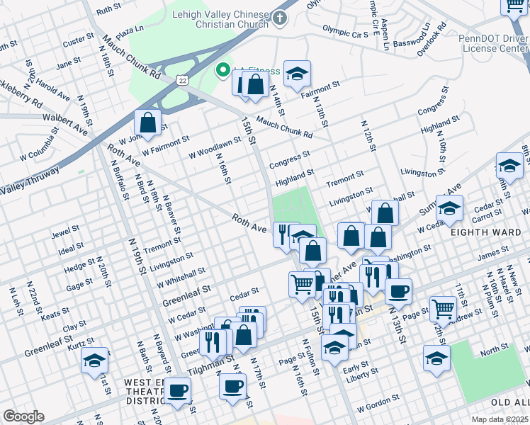 map of restaurants, bars, coffee shops, grocery stores, and more near 1518 West Tremont Street in Allentown