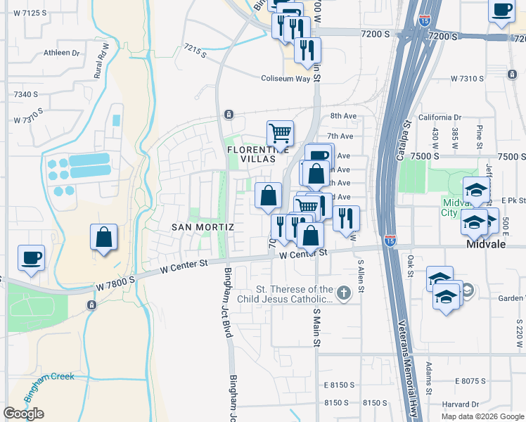 map of restaurants, bars, coffee shops, grocery stores, and more near 838 West Shelton Way in Midvale