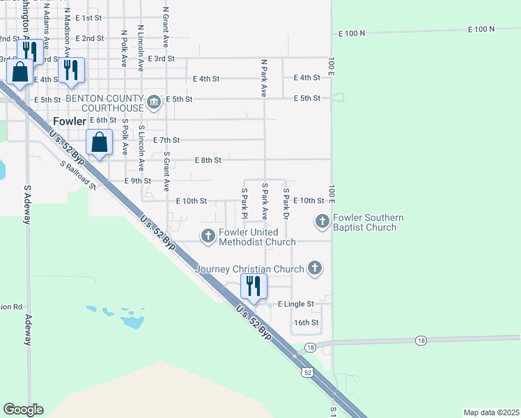 map of restaurants, bars, coffee shops, grocery stores, and more near 602 South Park Avenue in Fowler
