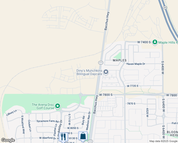 map of restaurants, bars, coffee shops, grocery stores, and more near Iron Canyon Lane in West Jordan