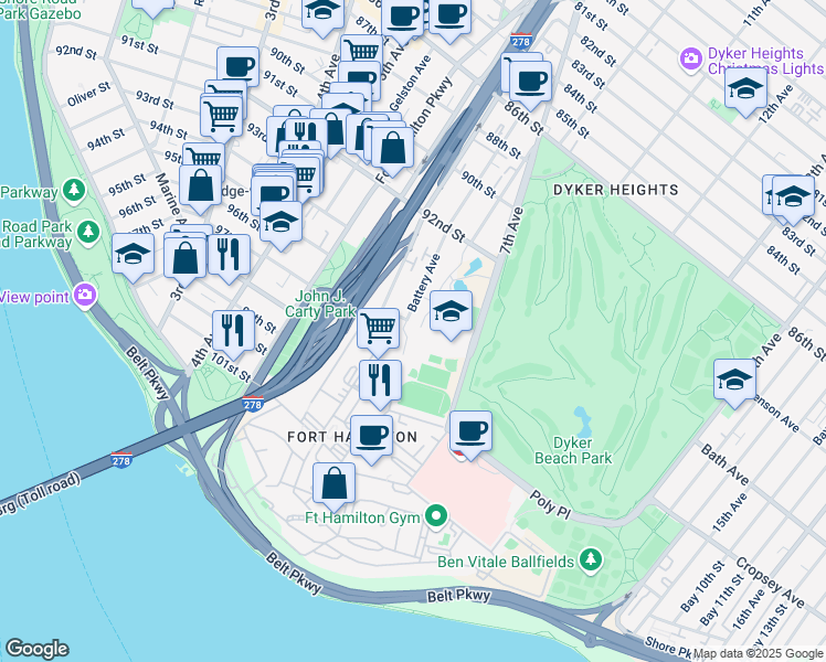 map of restaurants, bars, coffee shops, grocery stores, and more near 291 Battery Avenue in Brooklyn