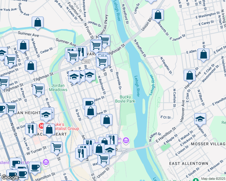 map of restaurants, bars, coffee shops, grocery stores, and more near 401 North Front Street in Allentown