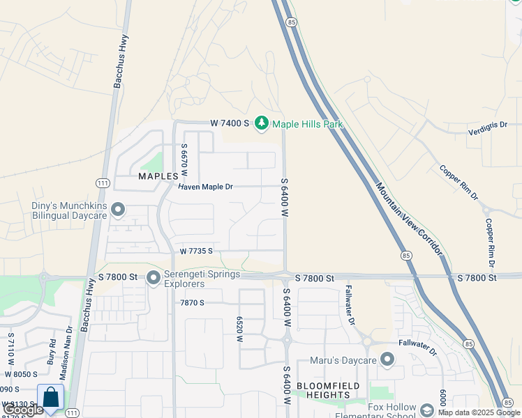 map of restaurants, bars, coffee shops, grocery stores, and more near 7603 Scenic Maple Drive in West Jordan