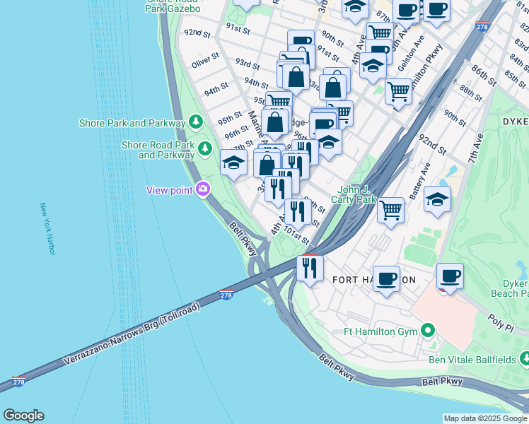 map of restaurants, bars, coffee shops, grocery stores, and more near 302 101st Street in Brooklyn