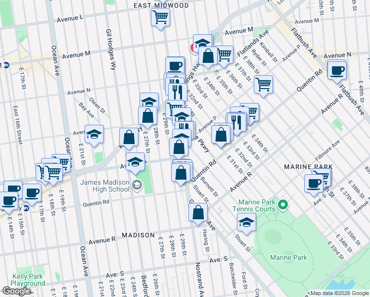 map of restaurants, bars, coffee shops, grocery stores, and more near Madison Place in Brooklyn