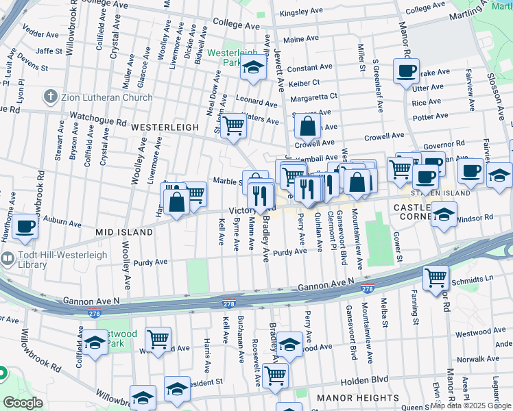 map of restaurants, bars, coffee shops, grocery stores, and more near 2081 Victory Boulevard in Staten Island