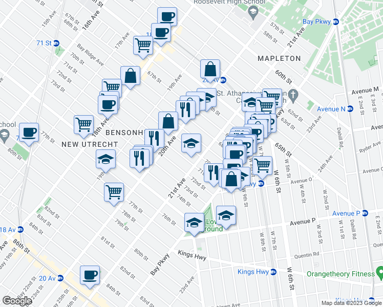 map of restaurants, bars, coffee shops, grocery stores, and more near 2062 70th Street in Brooklyn