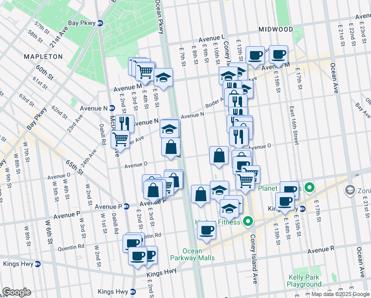 map of restaurants, bars, coffee shops, grocery stores, and more near 1481 Ocean Parkway Service Road in Brooklyn