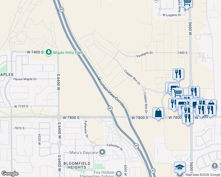 map of restaurants, bars, coffee shops, grocery stores, and more near Mountain View Corridor in West Jordan