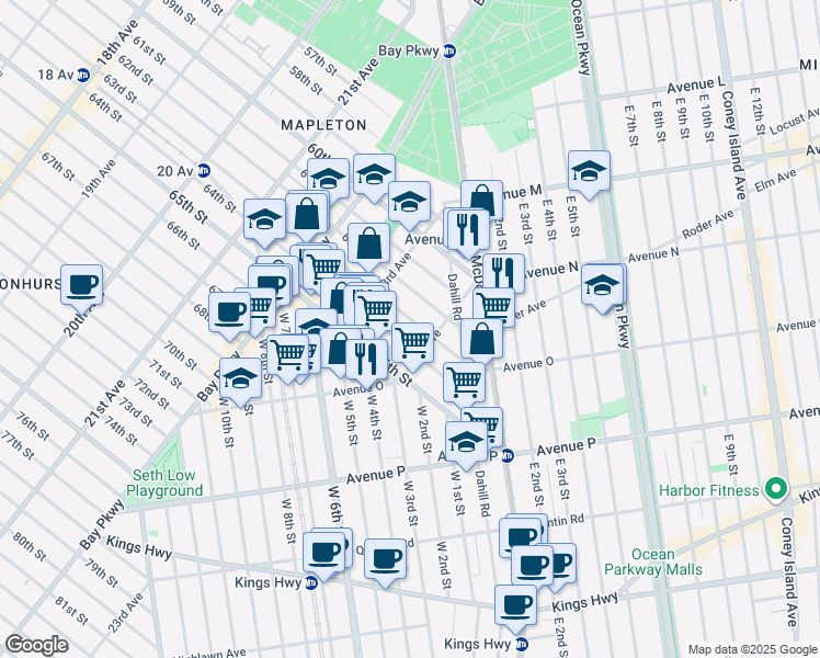map of restaurants, bars, coffee shops, grocery stores, and more near 2351 64th Street in Brooklyn