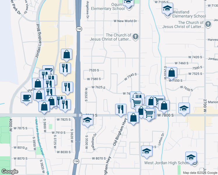 map of restaurants, bars, coffee shops, grocery stores, and more near 7602 South Marylebone Road in West Jordan