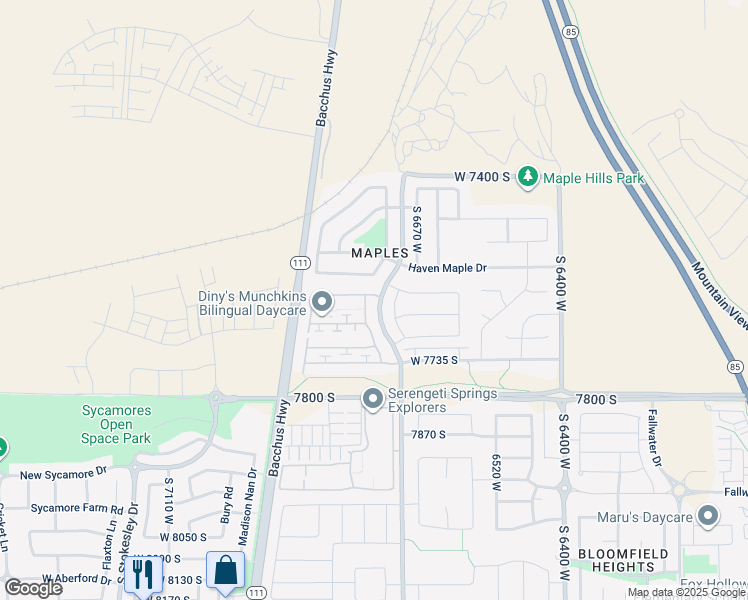 map of restaurants, bars, coffee shops, grocery stores, and more near 7613 Yellowwood Lane in West Jordan