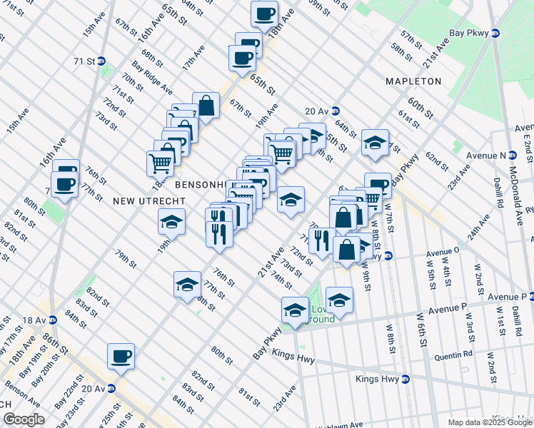 map of restaurants, bars, coffee shops, grocery stores, and more near 2024 71st Street in Brooklyn