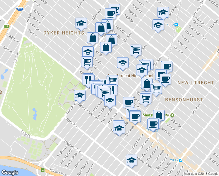 map of restaurants, bars, coffee shops, grocery stores, and more near 8402 15th Avenue in Brooklyn
