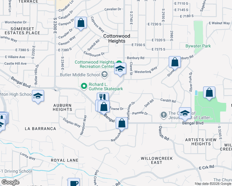 map of restaurants, bars, coffee shops, grocery stores, and more near 2658 Toni Circle in Cottonwood Heights