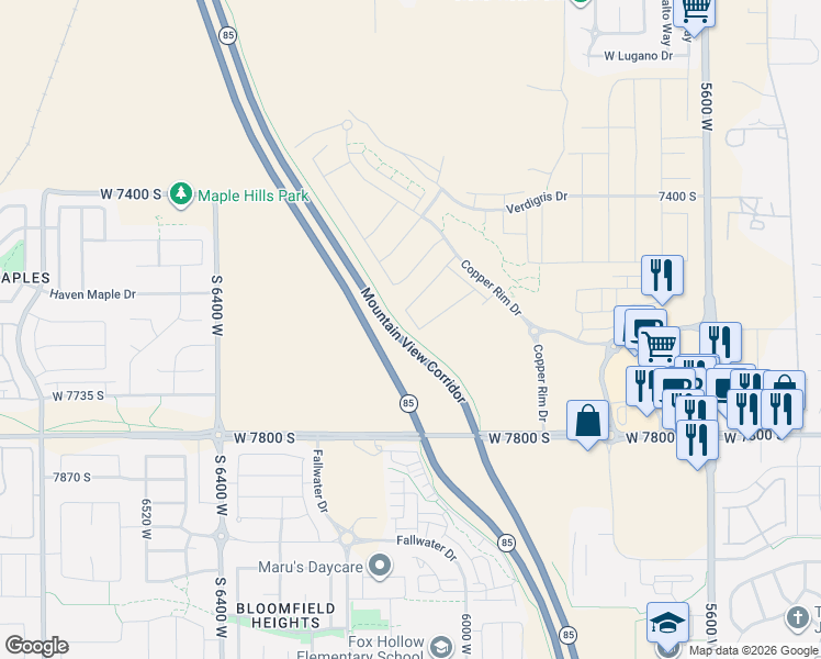 map of restaurants, bars, coffee shops, grocery stores, and more near 7618 South Graphite Drive in West Jordan