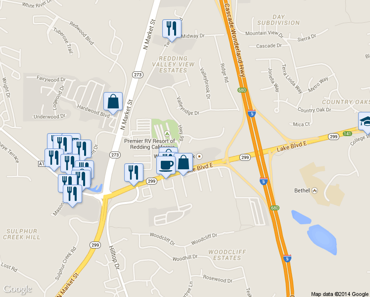 map of restaurants, bars, coffee shops, grocery stores, and more near 111 Boulder Creek Court in Redding