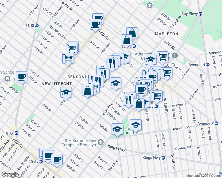map of restaurants, bars, coffee shops, grocery stores, and more near 2062 70th Street in Brooklyn