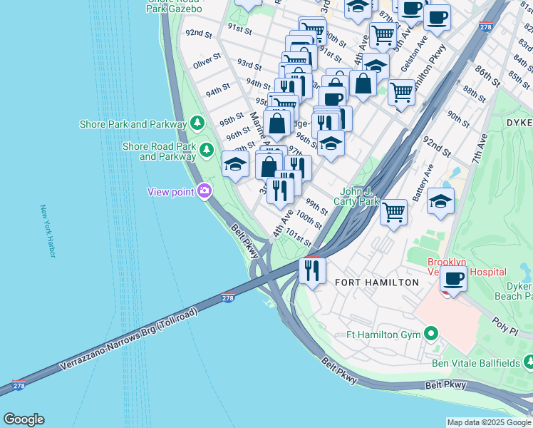 map of restaurants, bars, coffee shops, grocery stores, and more near 9967 Shore Road in Brooklyn