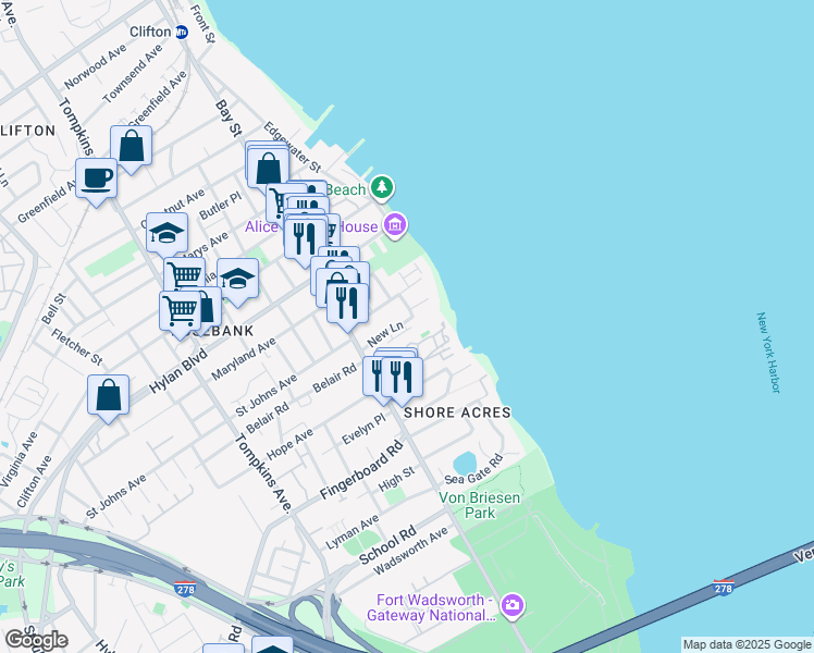 map of restaurants, bars, coffee shops, grocery stores, and more near 54A Courtney Loop in Staten Island