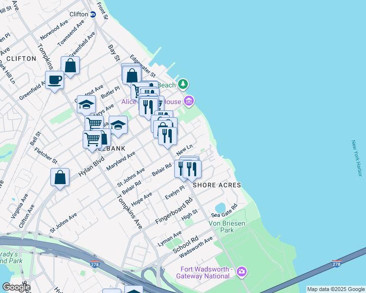 map of restaurants, bars, coffee shops, grocery stores, and more near 21 New Lane in Staten Island