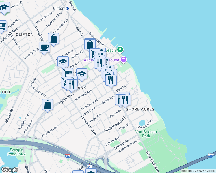 map of restaurants, bars, coffee shops, grocery stores, and more near 1256 Bay Street in Staten Island