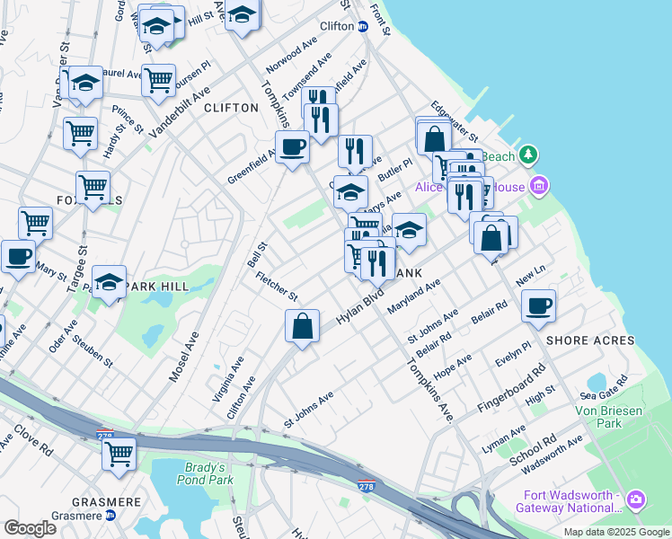map of restaurants, bars, coffee shops, grocery stores, and more near 200 Virginia Avenue in Staten Island