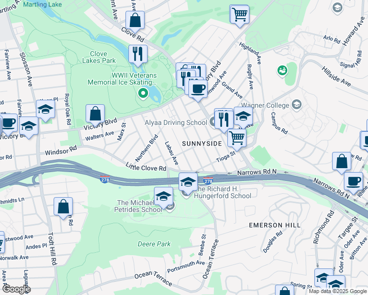 map of restaurants, bars, coffee shops, grocery stores, and more near 116 Logan Avenue in Staten Island
