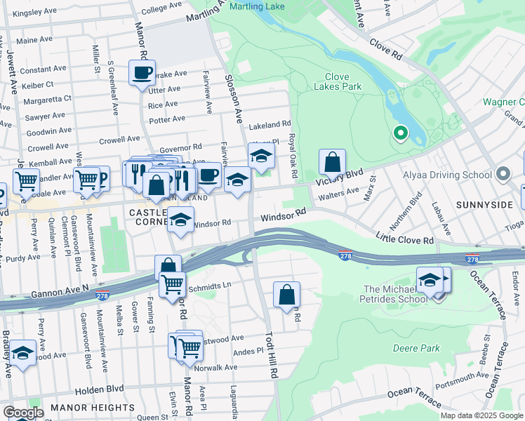 map of restaurants, bars, coffee shops, grocery stores, and more near 95 Windsor Road in Staten Island