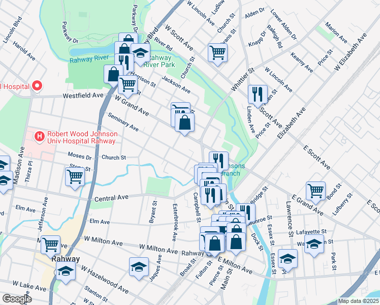 map of restaurants, bars, coffee shops, grocery stores, and more near 363 Seminary Avenue in Rahway