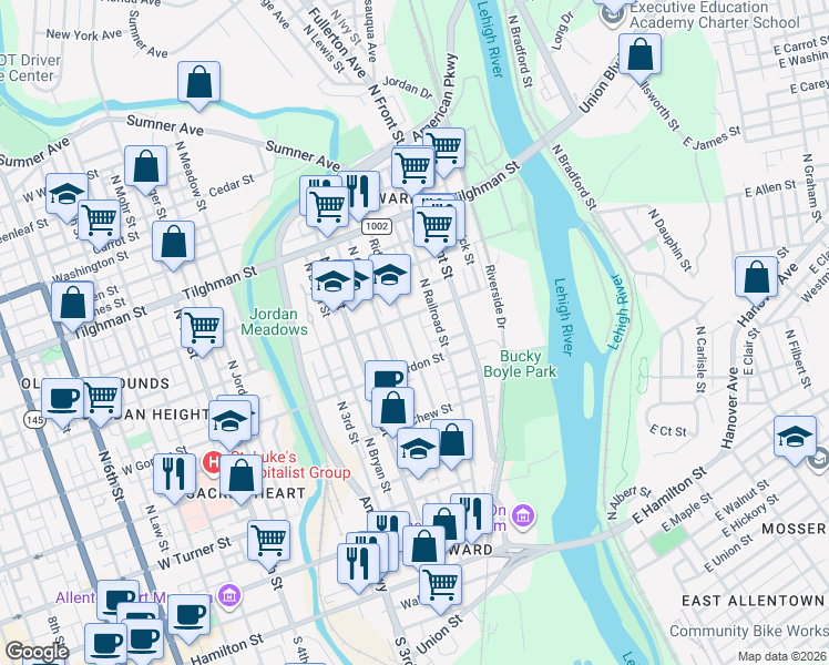 map of restaurants, bars, coffee shops, grocery stores, and more near 428 Limestone Street in Allentown