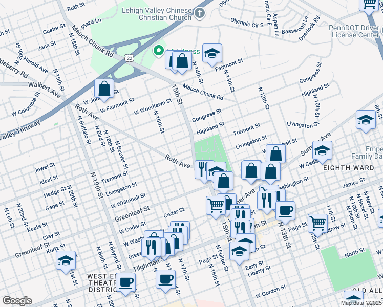 map of restaurants, bars, coffee shops, grocery stores, and more near 1018 North 15th Street in Allentown
