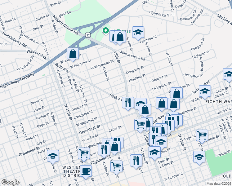 map of restaurants, bars, coffee shops, grocery stores, and more near 1530 West Tremont Street in Allentown