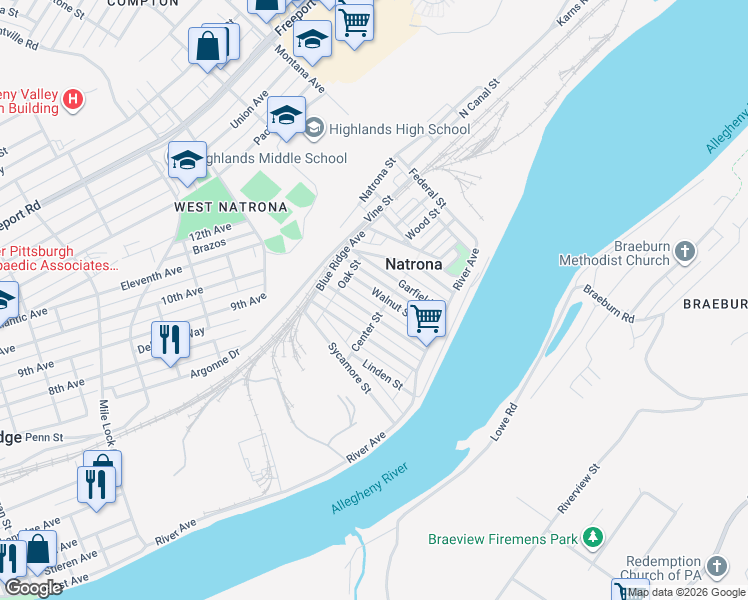 map of restaurants, bars, coffee shops, grocery stores, and more near in Natrona Heights