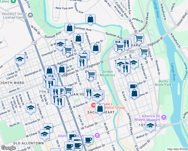 map of restaurants, bars, coffee shops, grocery stores, and more near 602 North Jordan Street in Allentown