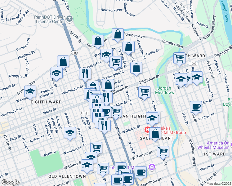 map of restaurants, bars, coffee shops, grocery stores, and more near 512 Tilghman Street in Allentown