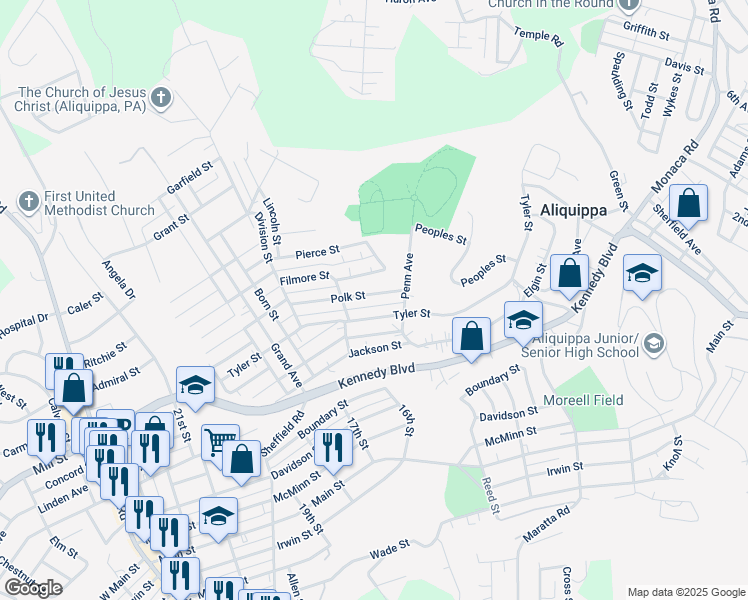 map of restaurants, bars, coffee shops, grocery stores, and more near 1621 Polk Street in Aliquippa