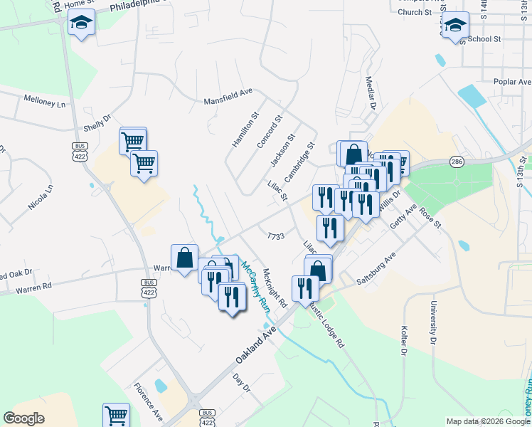 map of restaurants, bars, coffee shops, grocery stores, and more near 558 Georgetowne Village in Indiana