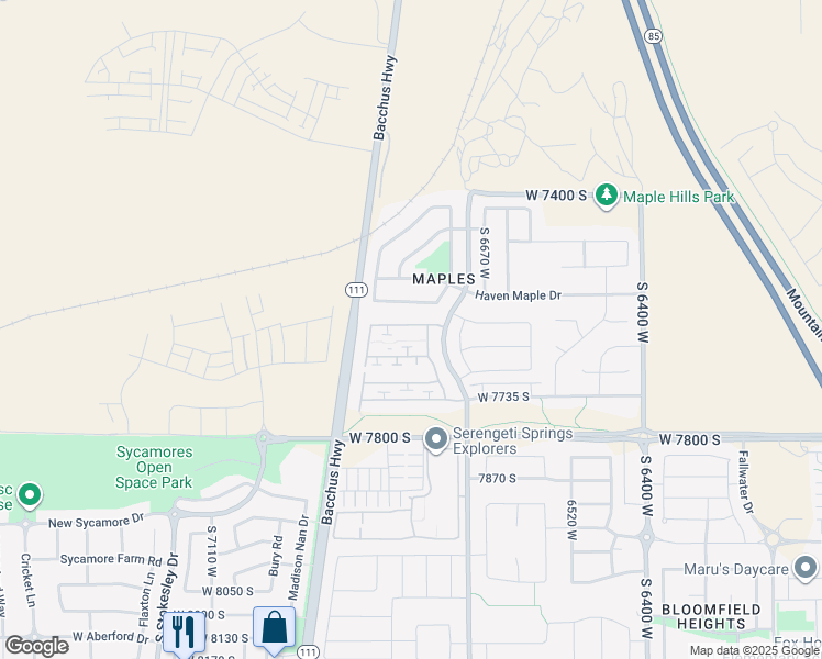 map of restaurants, bars, coffee shops, grocery stores, and more near 6777 Grevillea Lane in West Jordan