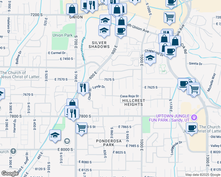 map of restaurants, bars, coffee shops, grocery stores, and more near 7628 Casa Verde Street East in Midvale