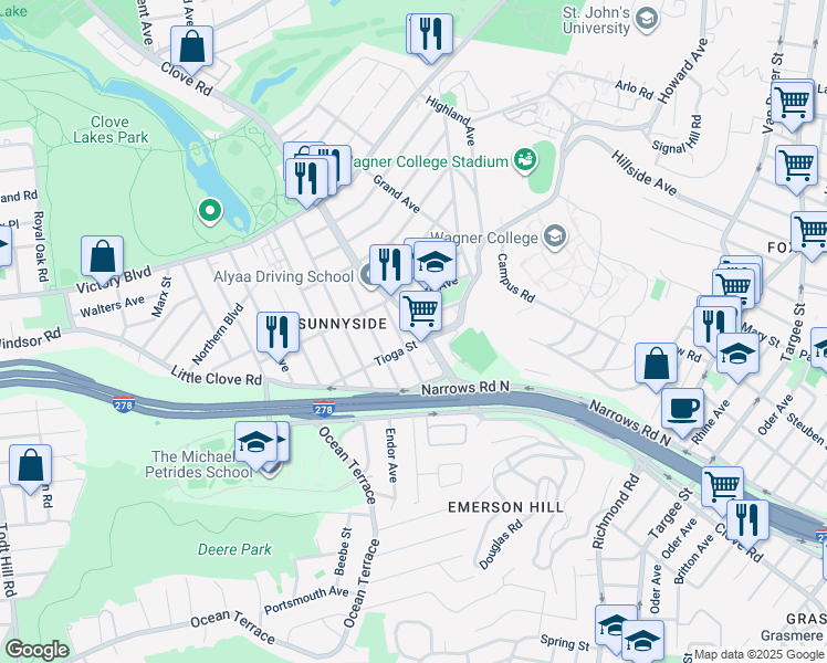 map of restaurants, bars, coffee shops, grocery stores, and more near 15 Tioga Street in Staten Island