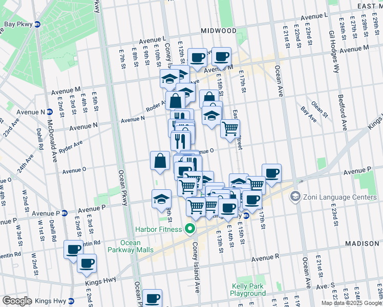 map of restaurants, bars, coffee shops, grocery stores, and more near 1111 Avenue O in Brooklyn