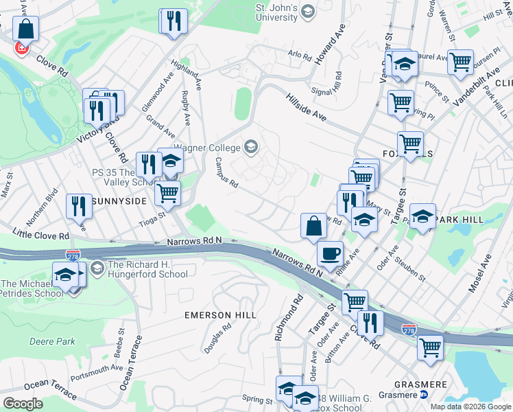 map of restaurants, bars, coffee shops, grocery stores, and more near 6 Inwood Road in Staten Island
