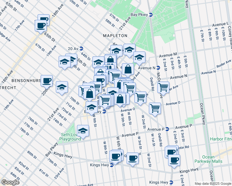 map of restaurants, bars, coffee shops, grocery stores, and more near 2268 65th Street in Brooklyn