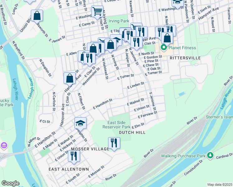 map of restaurants, bars, coffee shops, grocery stores, and more near 824-832 East Linden Street in Allentown
